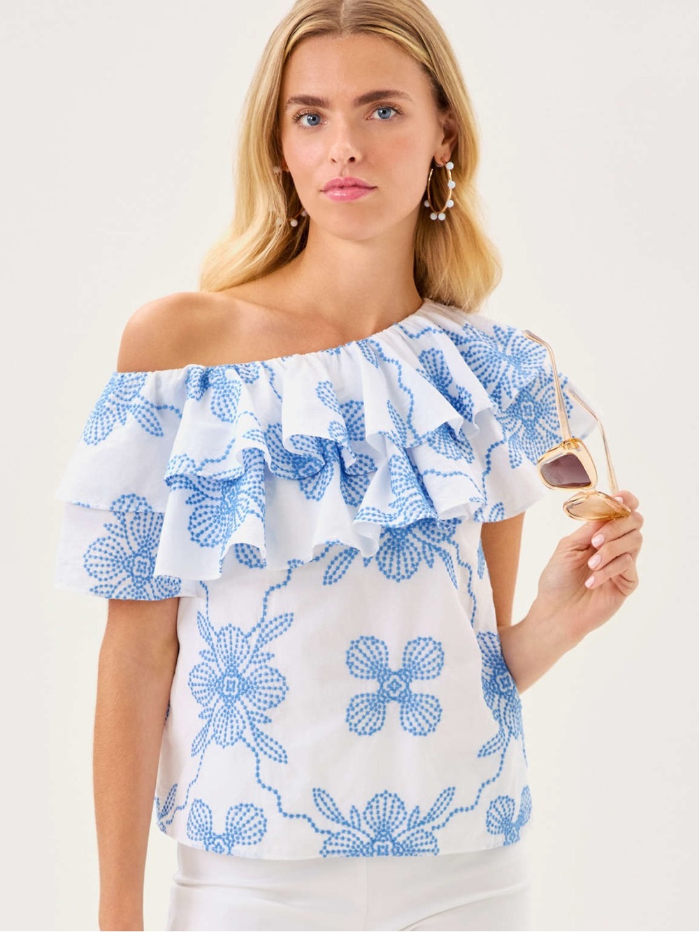 Lilly Pulitzer trixie One Shoulder Ruffle Top XL Blue Embroidered NWT